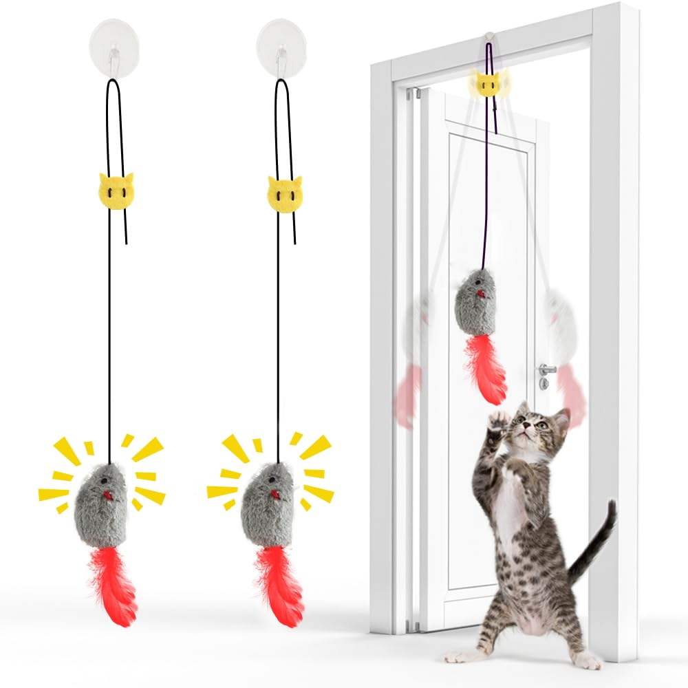 FYNIGO 2 Stück Katzenspielzeug Selbstbeschäftigung Hängende Türrahmen Elastische Maus mit Quietschgeräusch, Keine Batterien erforderlich