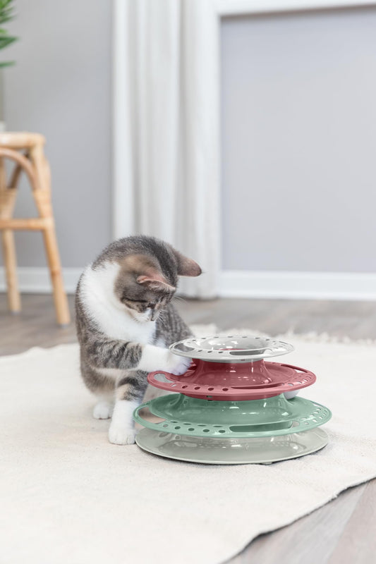 TRIXIE Catch the Balls Katzenspielzeug - drei Ebenen mit je einem Ball - regt zum Spielen an - grau/grün/rot - ø 25 × 13 cm - 41345