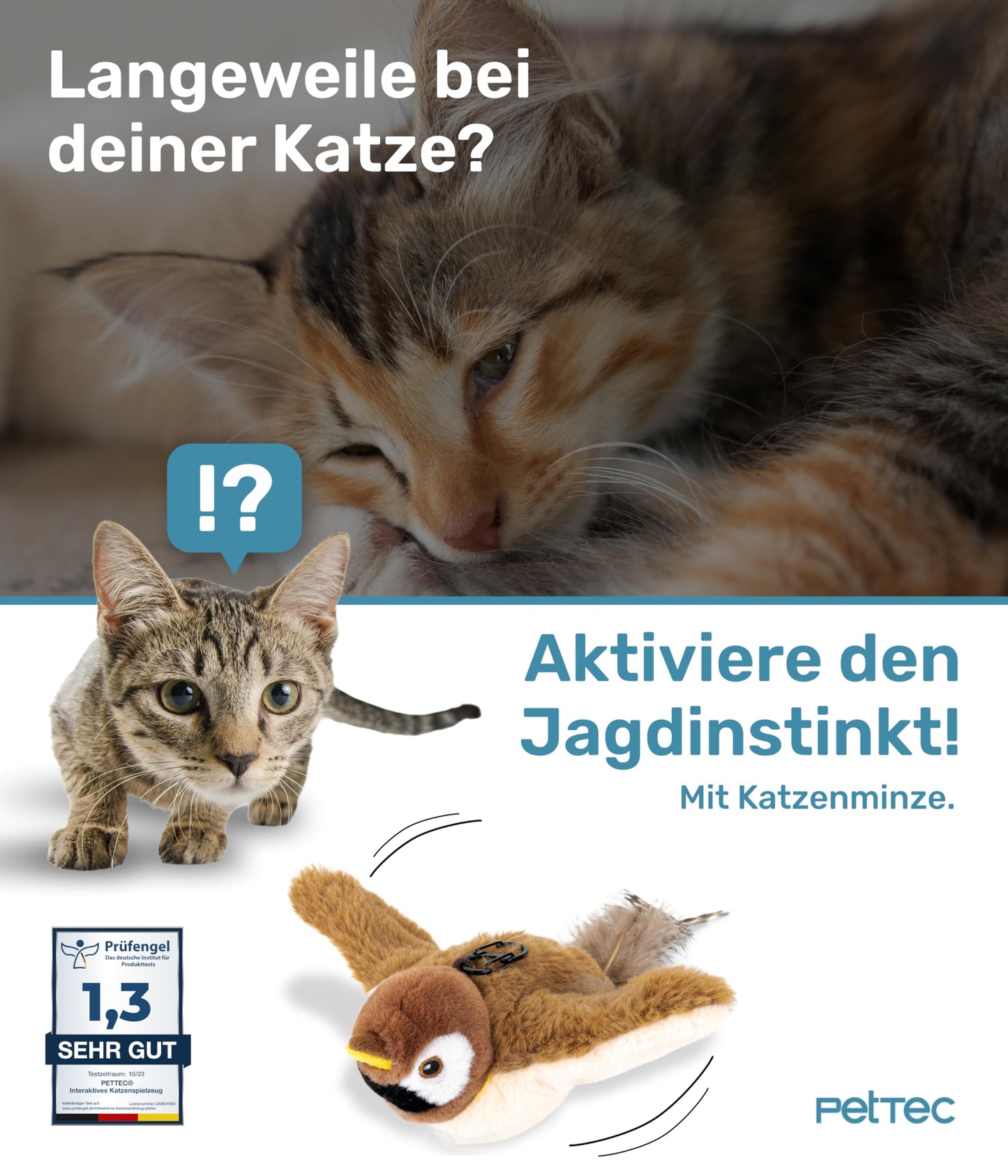 PetTec® Interaktives Katzenspielzeug Elektrisch [DAS ORIGINAL] Selbstbeschäftigung - Katzenspielzeug Vogel beweglich mit Katzenminze Interactive Cat Toy Automatische Katzen Spielsachen